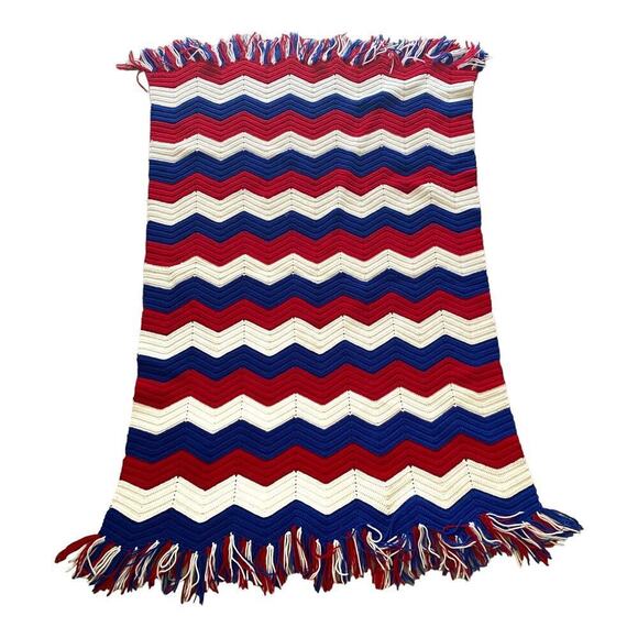 Handmade Crochet Red White and Blue Chevron Print Blanket with Tassel Fringe - Picture 1 of 6